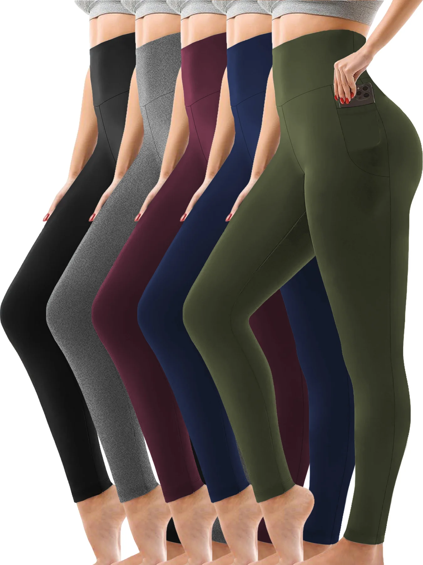 Paquete de 5 Leggings Deportivos Súper Suaves para Mujer con Bolsillos, Cintura Alta, Control de Abdomen, para Entrenamiento, Yoga, Correr