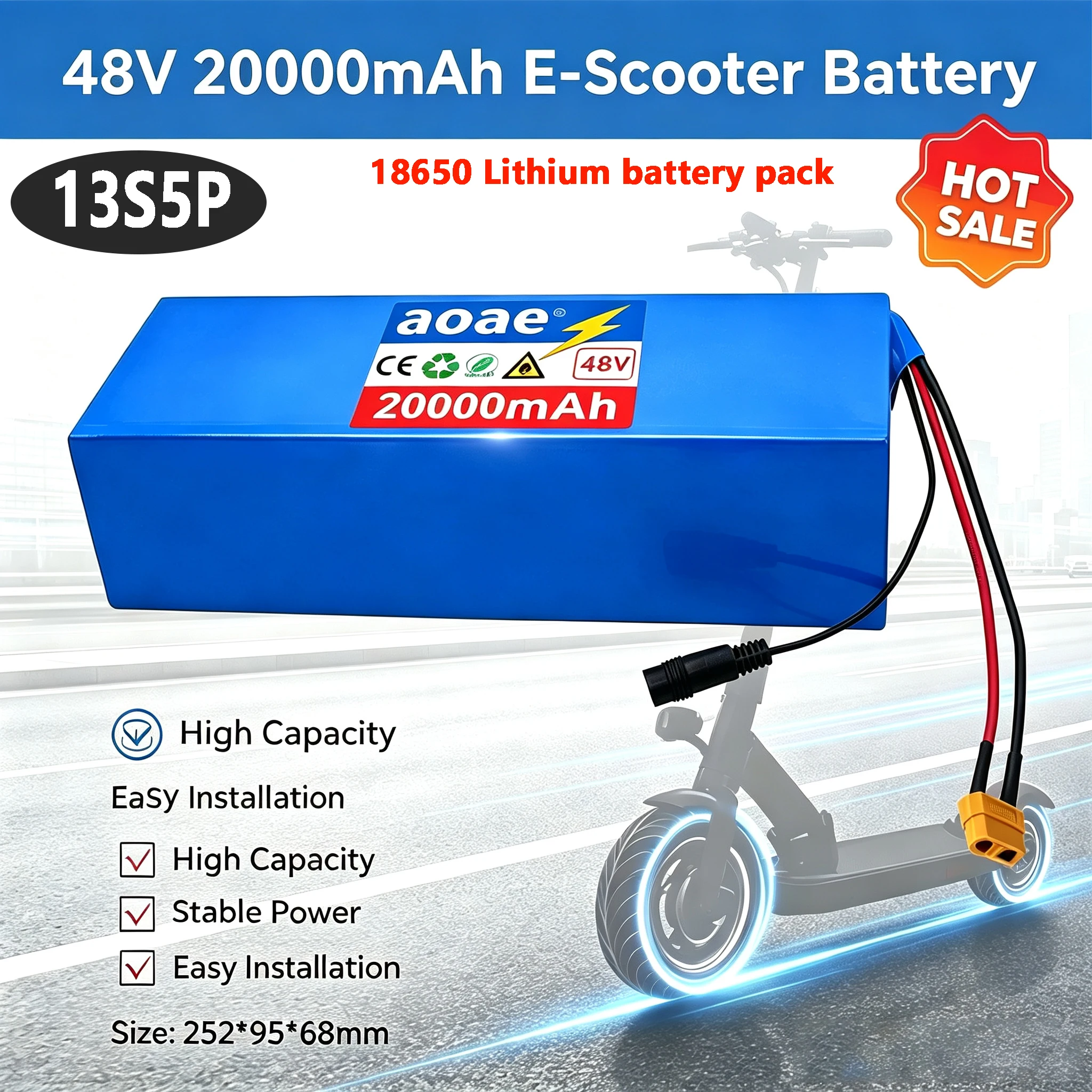 20Ah 13S5P 48V Rechargeable Lithium Battery, Built‑in Multi‑Protection, Replacement for 500W‑1000W Citycoco E‑Scooter