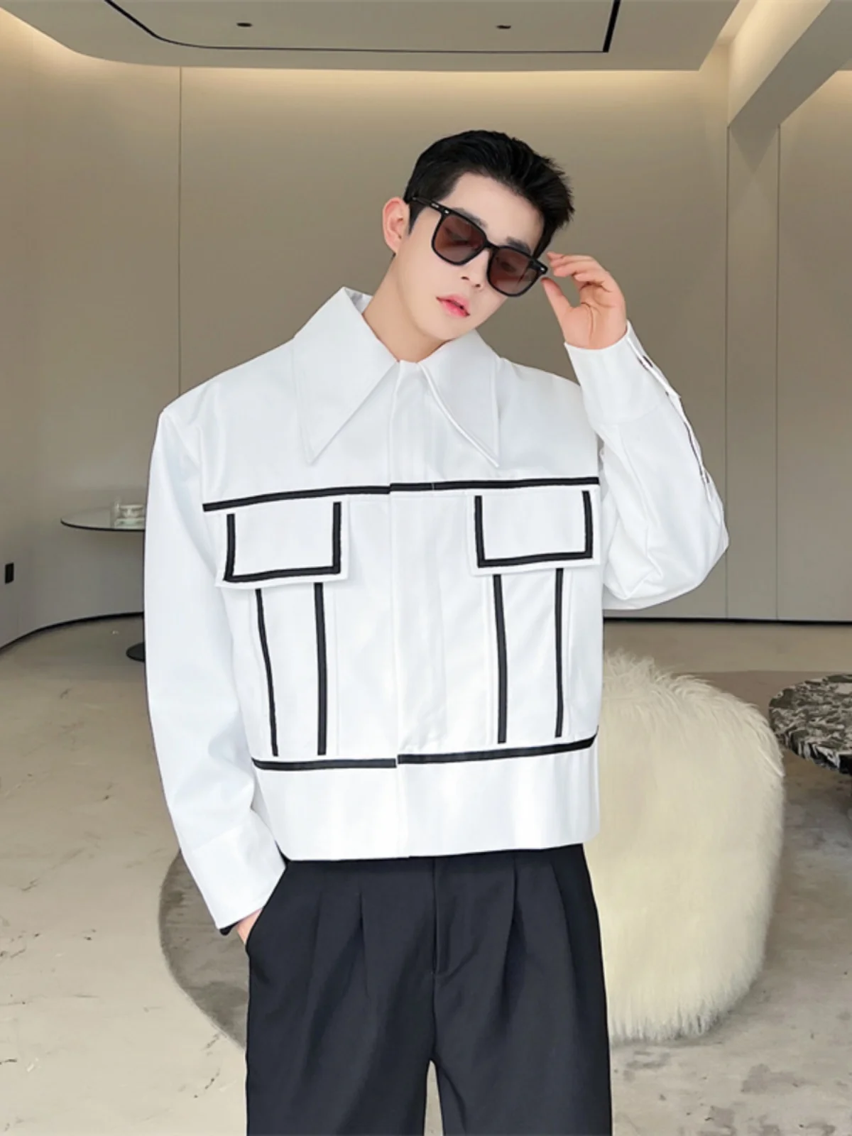 

Autumn Winter New Sle Men's Jaet ort arp Collar Line Design Versatile Cool Loose Top Zipper Long Sve Youth Faion