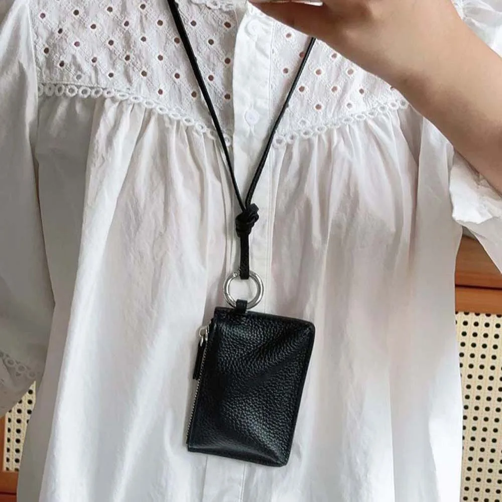 

Square Hanging Neck Coin Purse Zipper Casual Soft PU Wallet Solid Color with Lanyard Portable Card Holder Clothing Accessory