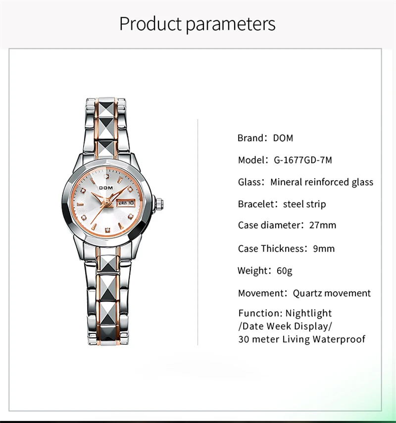 DOM 1677 Фирменные женские мини-часы стальные Простые водонепроницаемые светящиеся кварцевые часы с датой недели элегантный браслет для подарка