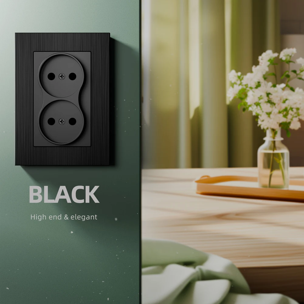 Sleek Decorative Black Wall Power Socket EU Standard Durable and Safe Brushed Aluminum Panel Sockets 250V 16A