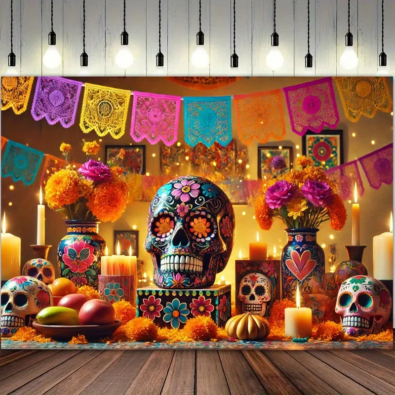 «Гобелен «День мертвых» — яркие черепа и красочные баннеры, идеально подходит для декора мексиканской фиесты». «Гобелен «День мертвых» — яркие черепа и красочные баннеры, идеально подходит для декора мексиканской фиесты».