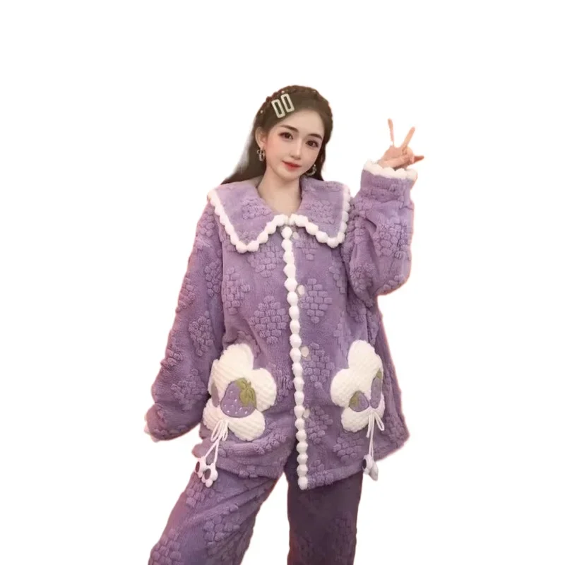 

Small Fragrant Wind Thick Pajamas Female Autumn Winter Ins Net Red Wind Long Sleeve Cardigan Coral Velvet Loose Purple Home Wear