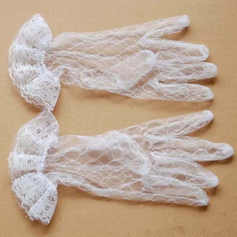 Guantes de boda para novia, manopla de rejilla de verano a prueba de rayos UV, transparente, de gasa de encaje, diseño corto blanco, 2025