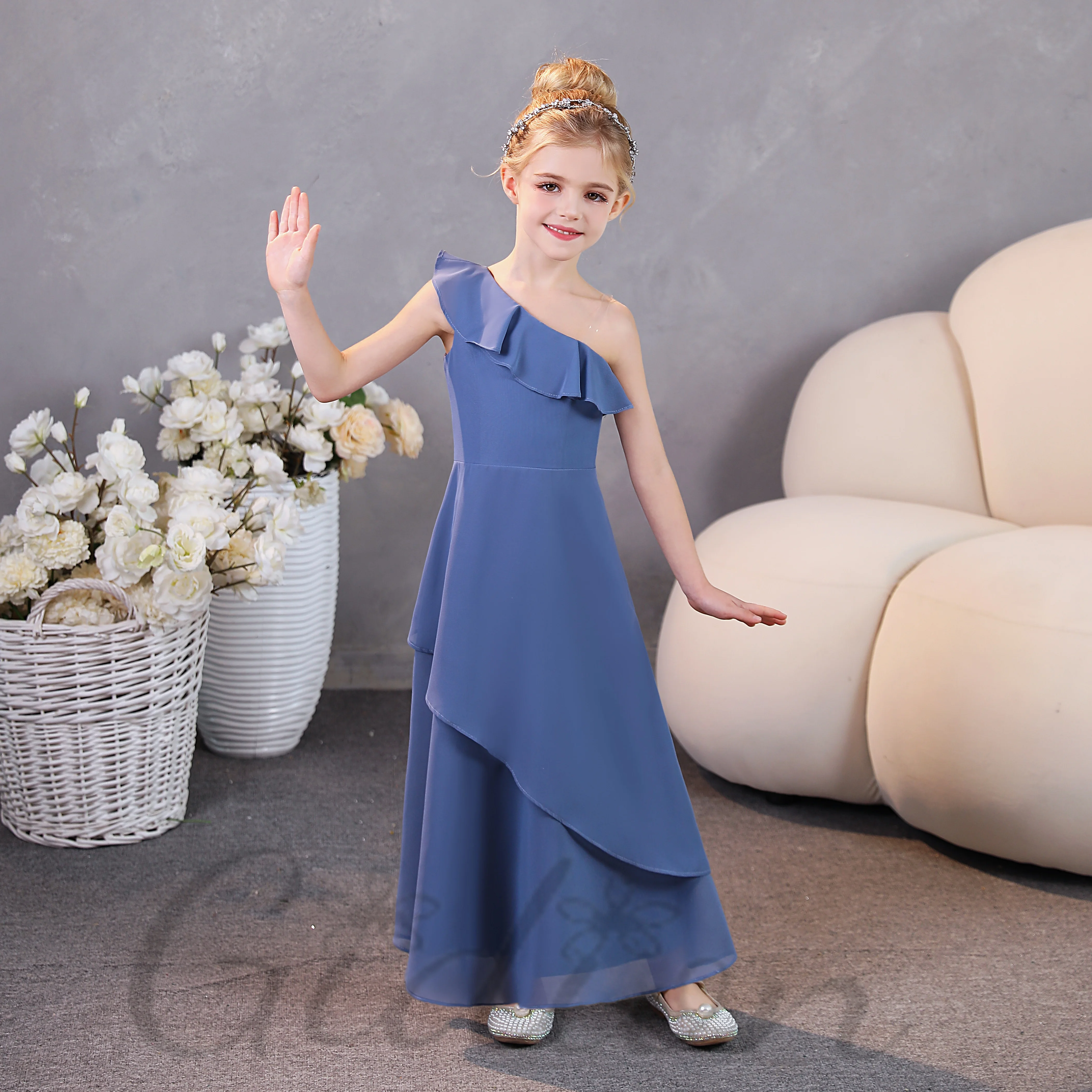 One-Shoulder Chiffon Junior Bruidsmeisje Jurk Voor Kinderen Bruiloft Prom Night Banketverkiezing Show Bal Avond-Jurk Elk Evenement Feest