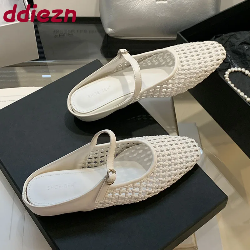 

Fashion Weave Ladies Flats Mary Janes Shoes Summer Spring Casual Female Buckle Footwear Women Flats Slides Shoes Mules