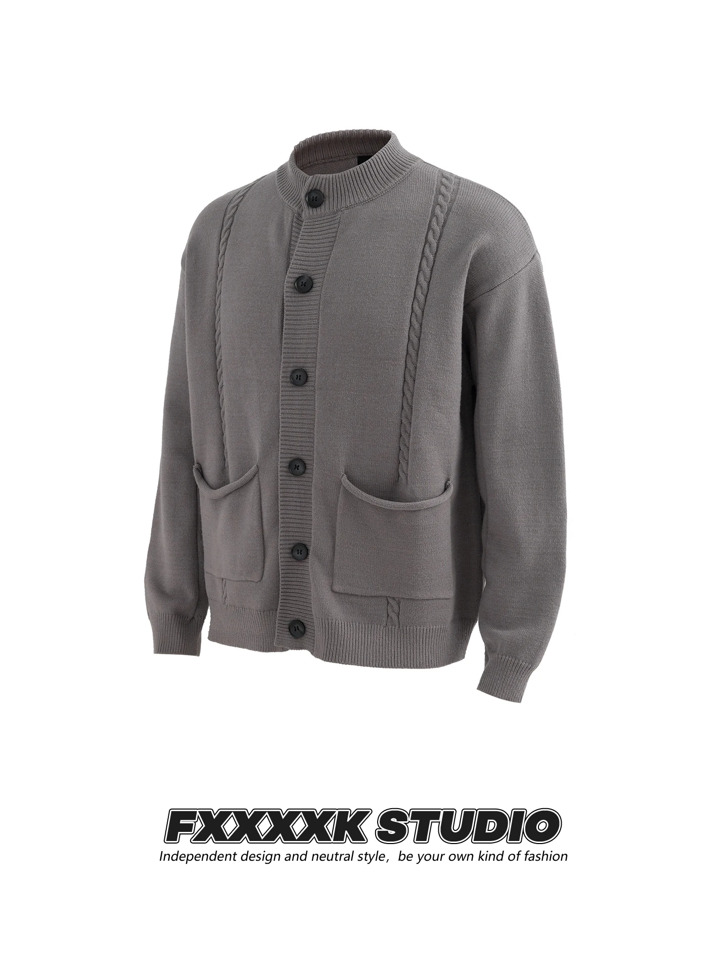 

FXK Original Vintage American Trendy ay Brown Double ket Twisted Single Button Open Cardigan Knitted Sweater Jaet