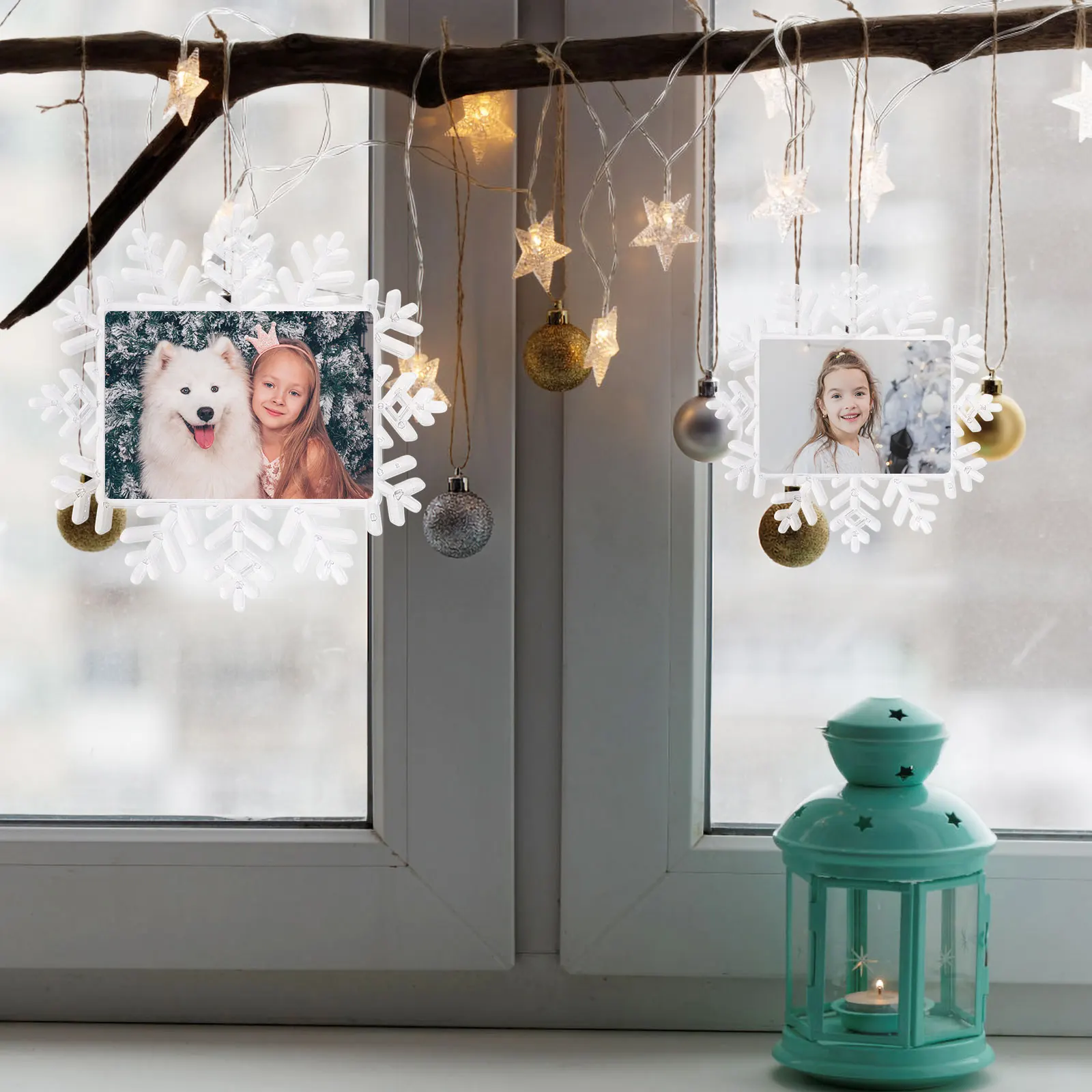 2Pcs Christmas Snowflake Photo Frame Pendant Fine Workmanship Hanging Ornament DIY Picture Decoration Holiday Use