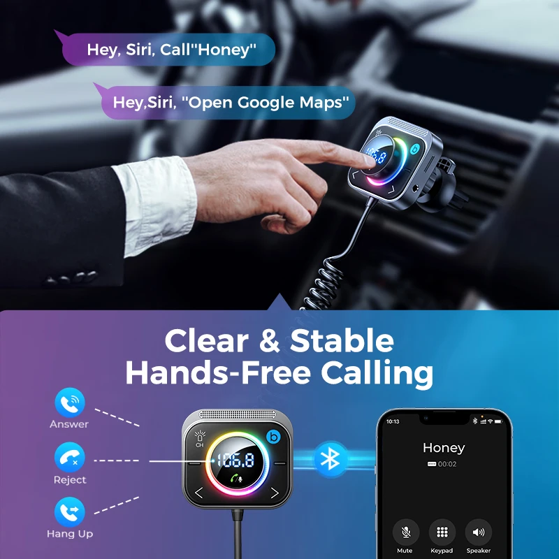 Joyroom 96W Bluetooth 6.0 Car FM Transmitter, 3-Port PD+QC 3.0 Fast Charger with LED Display & Bass Boost AUX Adapter