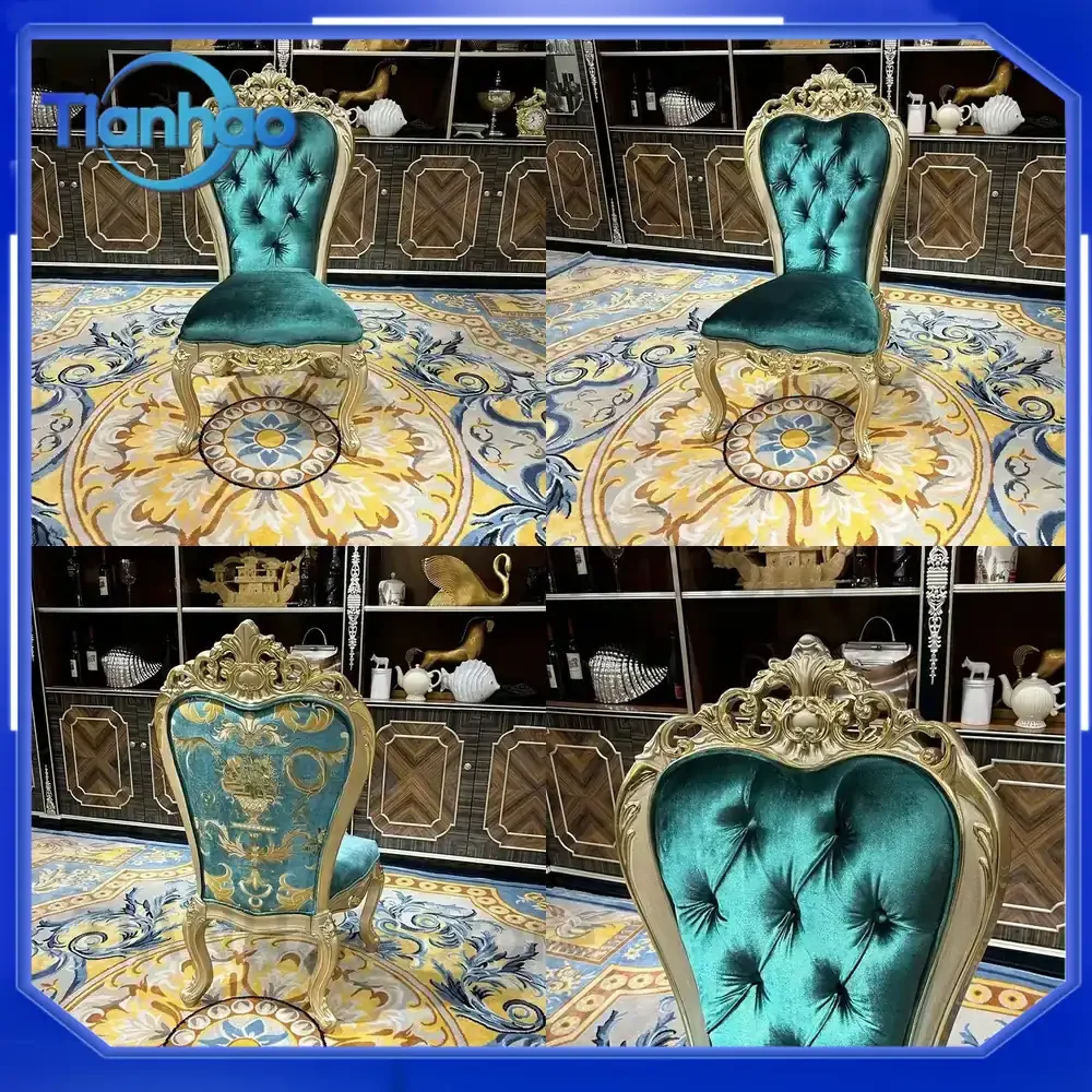 European-style Court Luxury Restaurant Chair for Green Embroidered Double-Sided Carved Leisure Chair