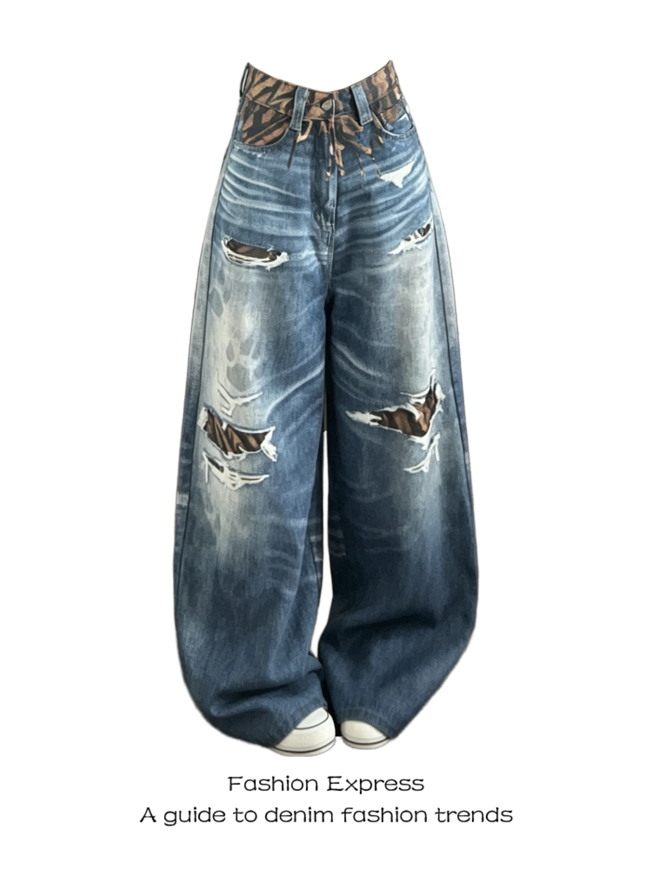 

Trendy High-Waisted Wide-Leg Denim Jeans Women's Summer 2026 New American High Street Washed Hole Loose Fit Casual Jeans