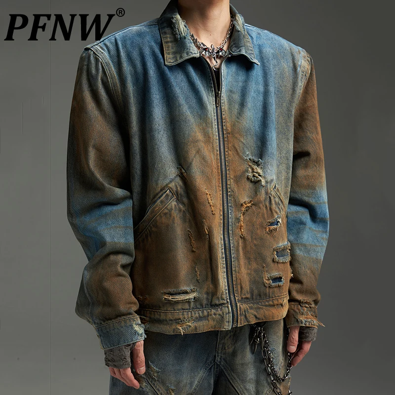 

PFNW Scrap Style Hand Painted Layered Loose Men's Denim Jacket High Street Niche Zipper Jackets Autumn New Trendy Coats 28W5342