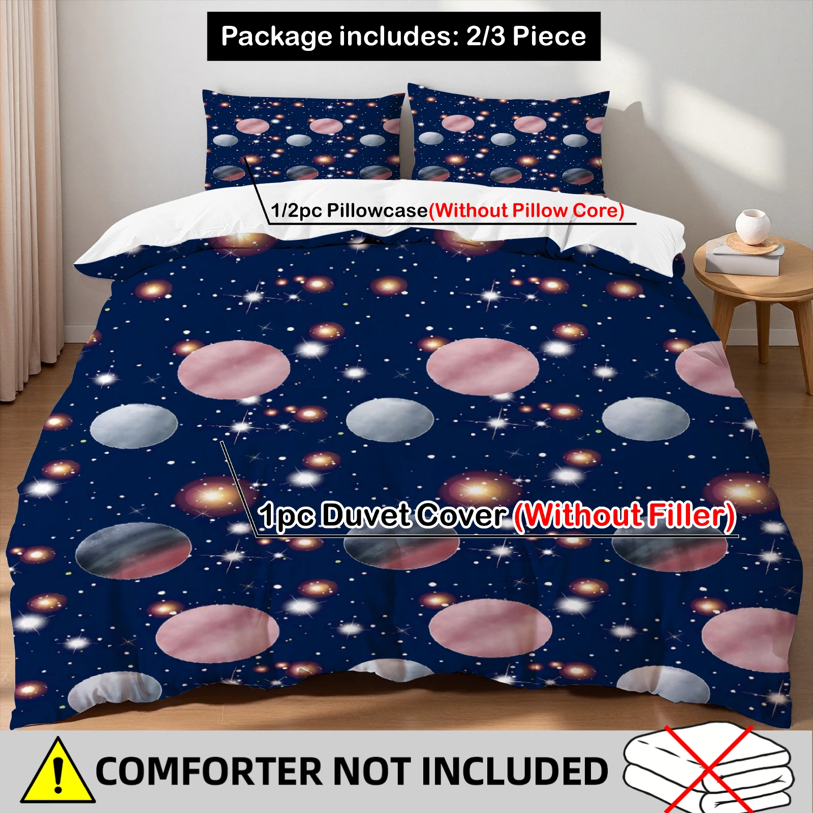 Galaxy Planet Duvet Cover Set 3Pcs Navy Blue Pink Grey Star Print Bedding 2 Pillowcases No Comforter No Sheet Single Twin Queen