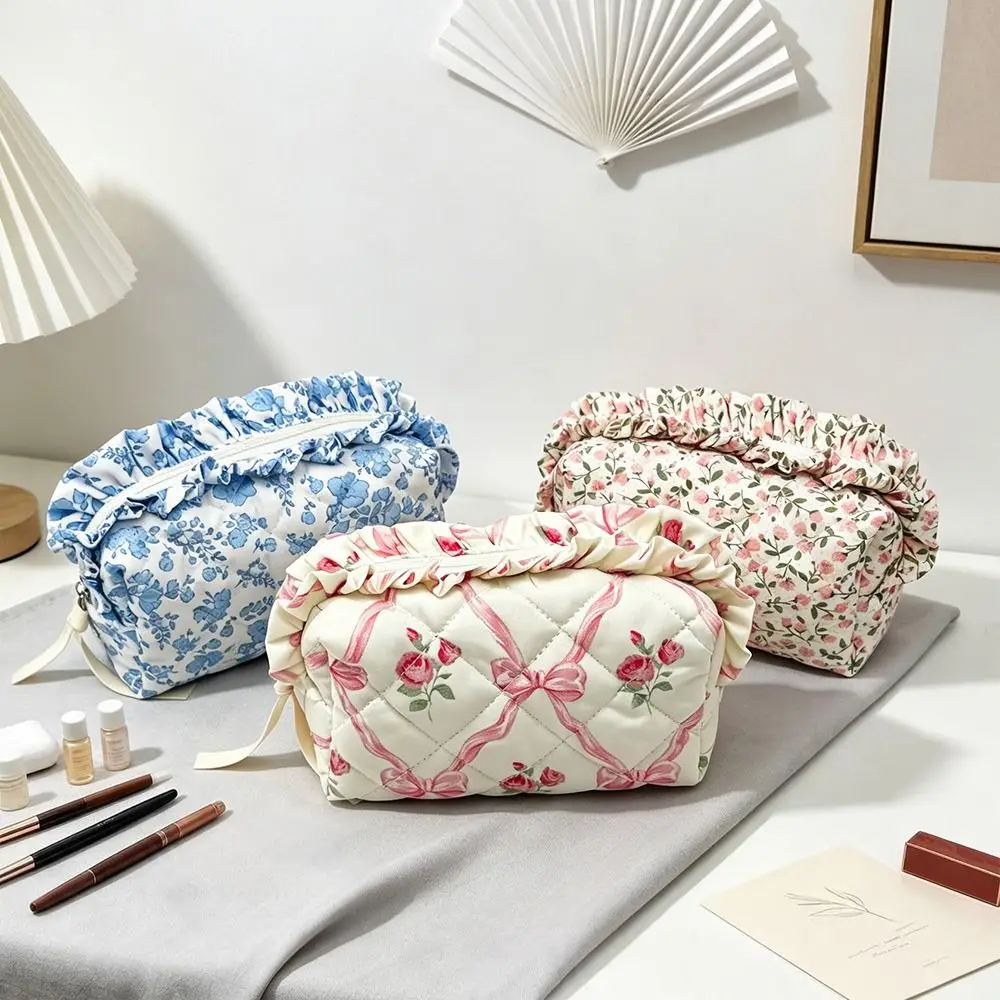1pc High Quality Quilted Makeup Bag Floral Bow Large Capacity Toiletry Bag Cosmetic Bag Women Girls