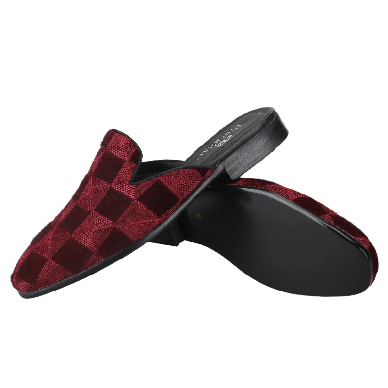 Piergitar Burgundy Velvet Color Checkered Pattern of Fur Men's Slippers Classic Model Slip-On Mules For Fashion Party And Show