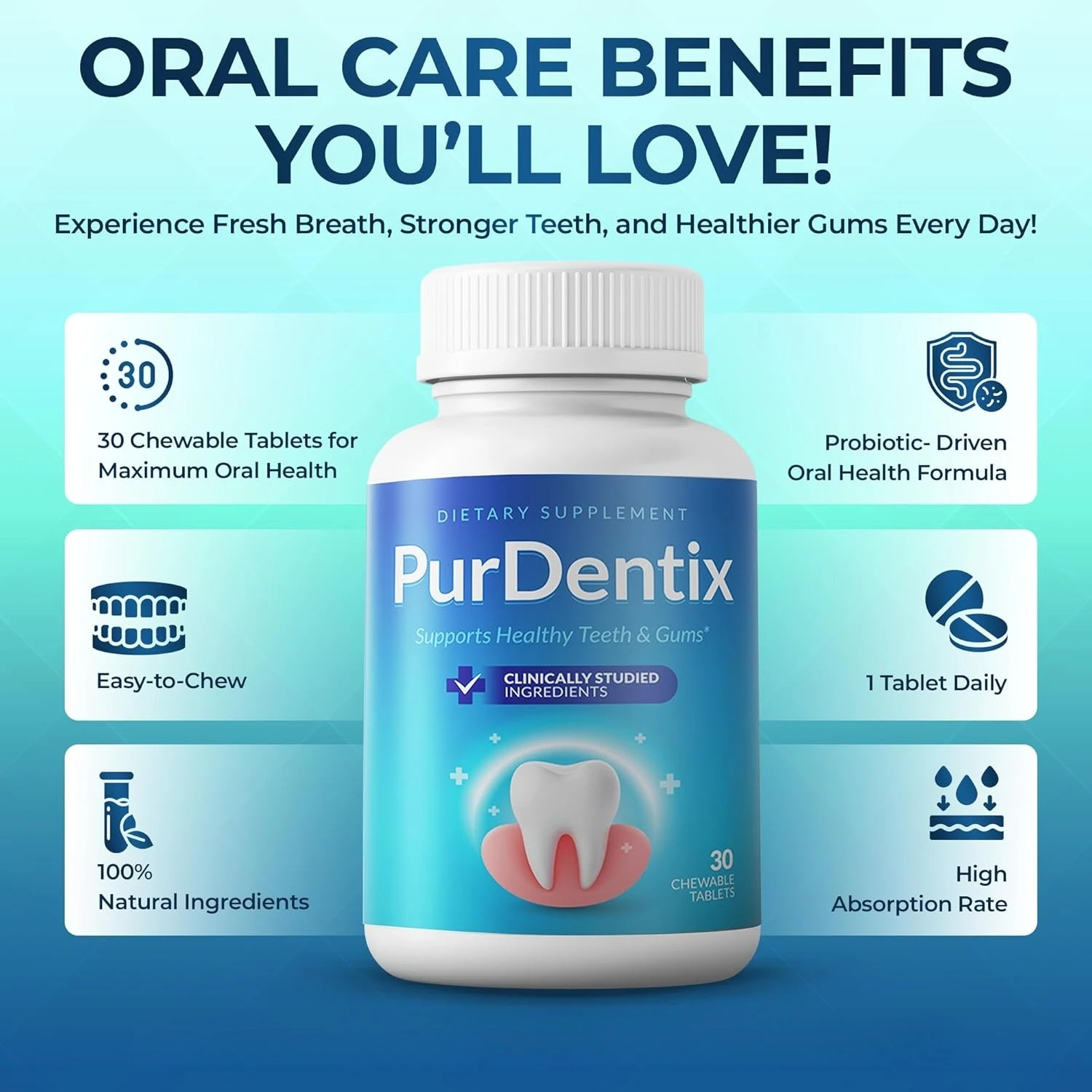 Oral Health Probiotic – 4-Strain Formula for Healthy Gums, Teeth & Fresh Breath – 30 Chewable Tablets