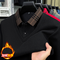 2025 New Fake Two Piece Sweater Men's Winter Plush Thickened Shirt Collar New Warm Knitted Bottom Wool Sweater