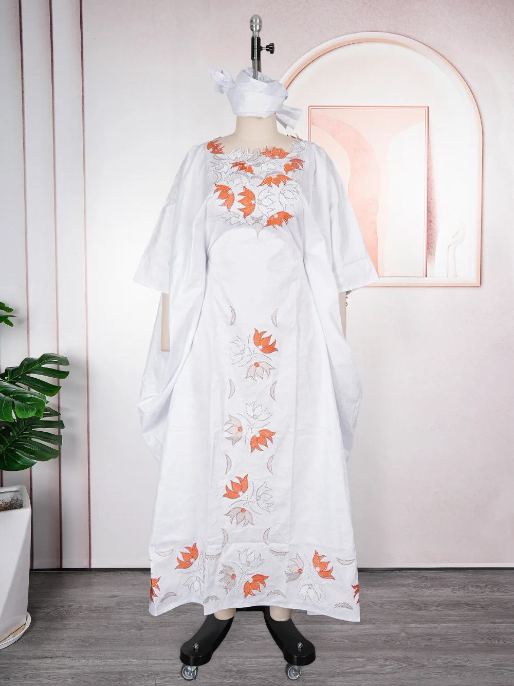 New African Women Plus Size Embroidered Maxi Kaftan Dress Floral Embroidery Long Robe With Matching Headwrap Turkey Party Gown