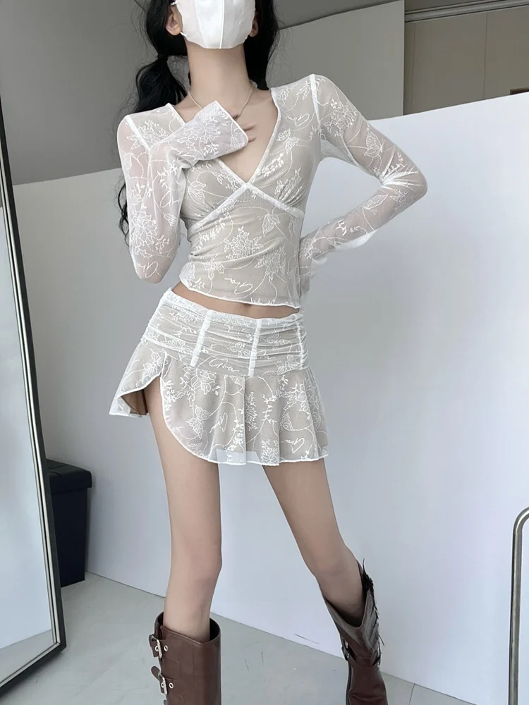 Sweet And Spicy Lace Set Long Sve Chiffon Top Women Spring Summer Pure Desire Sexy Slim Fit See tough Inner Low Waist ...
