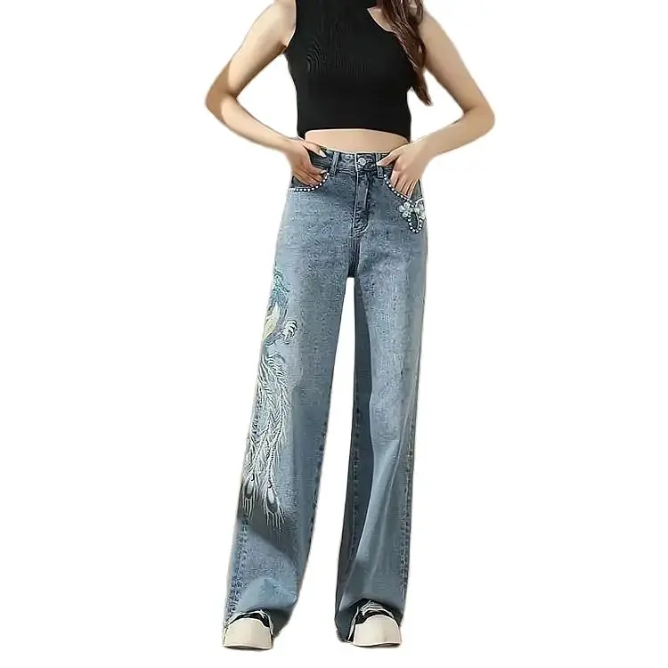 Jeans Phoenix Embroidery Chic Women Straight Leg Trousers Pearl Embellishment Women Graphic With Print Denim Summer Korean Style