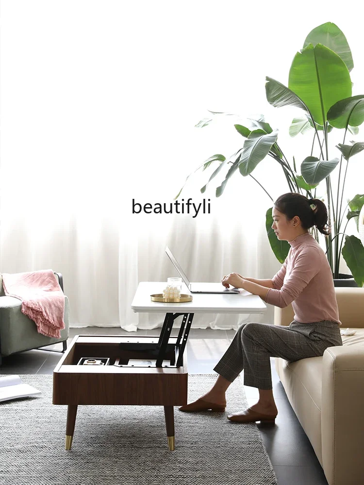 Nordic Modern Simple Small Apartment Living Room Functional Storage Tea Table Retractable Liftable Meal Table Dual-Use