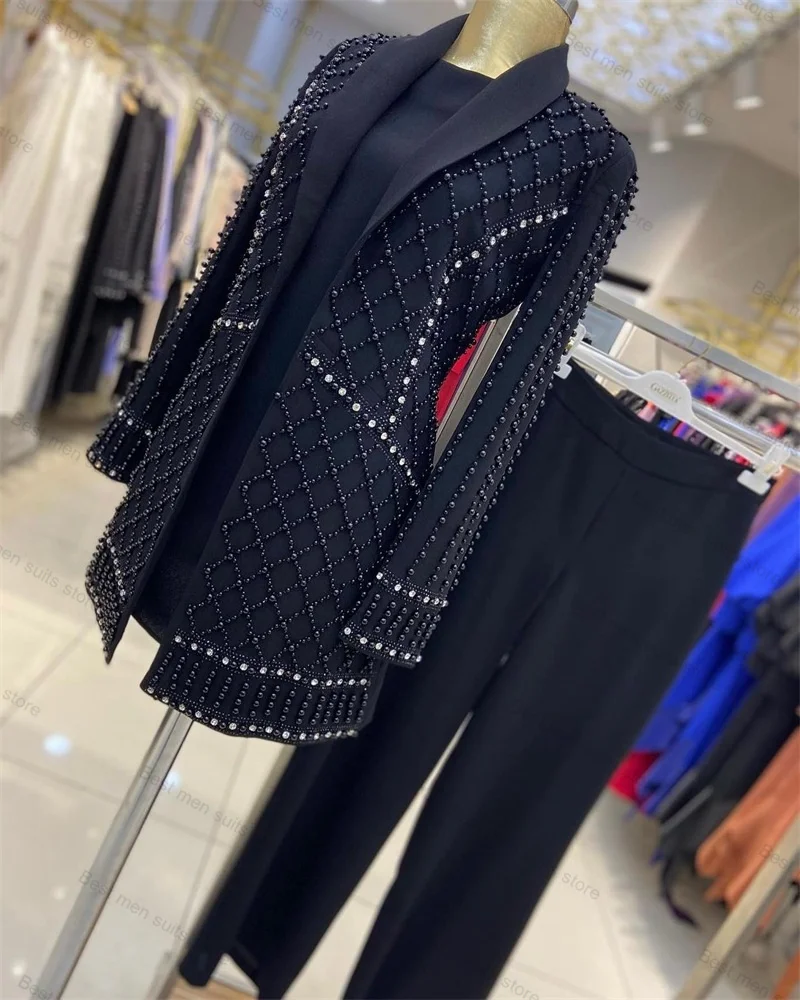 Crystals Beaded Luxury Women Suit Set 2 Pieces Blazer+Pant Formal Office Lady Blue Black Wedding Jacket Coat Trousers Customize