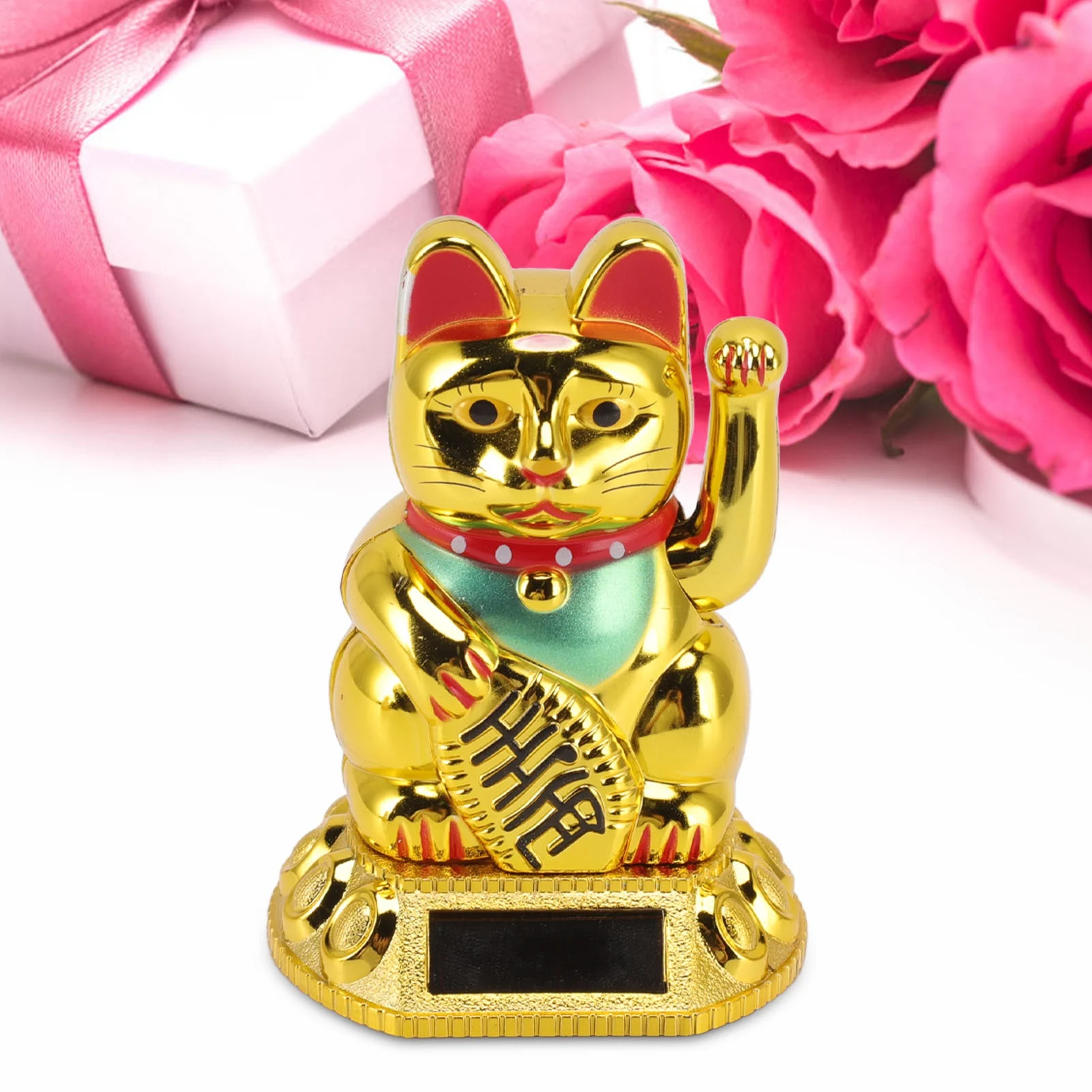 ZK30 Chinese Lucky Cat Decoration Waving Arm Solar Light Induction Statue Figurine For Home Car Ornaments Golden