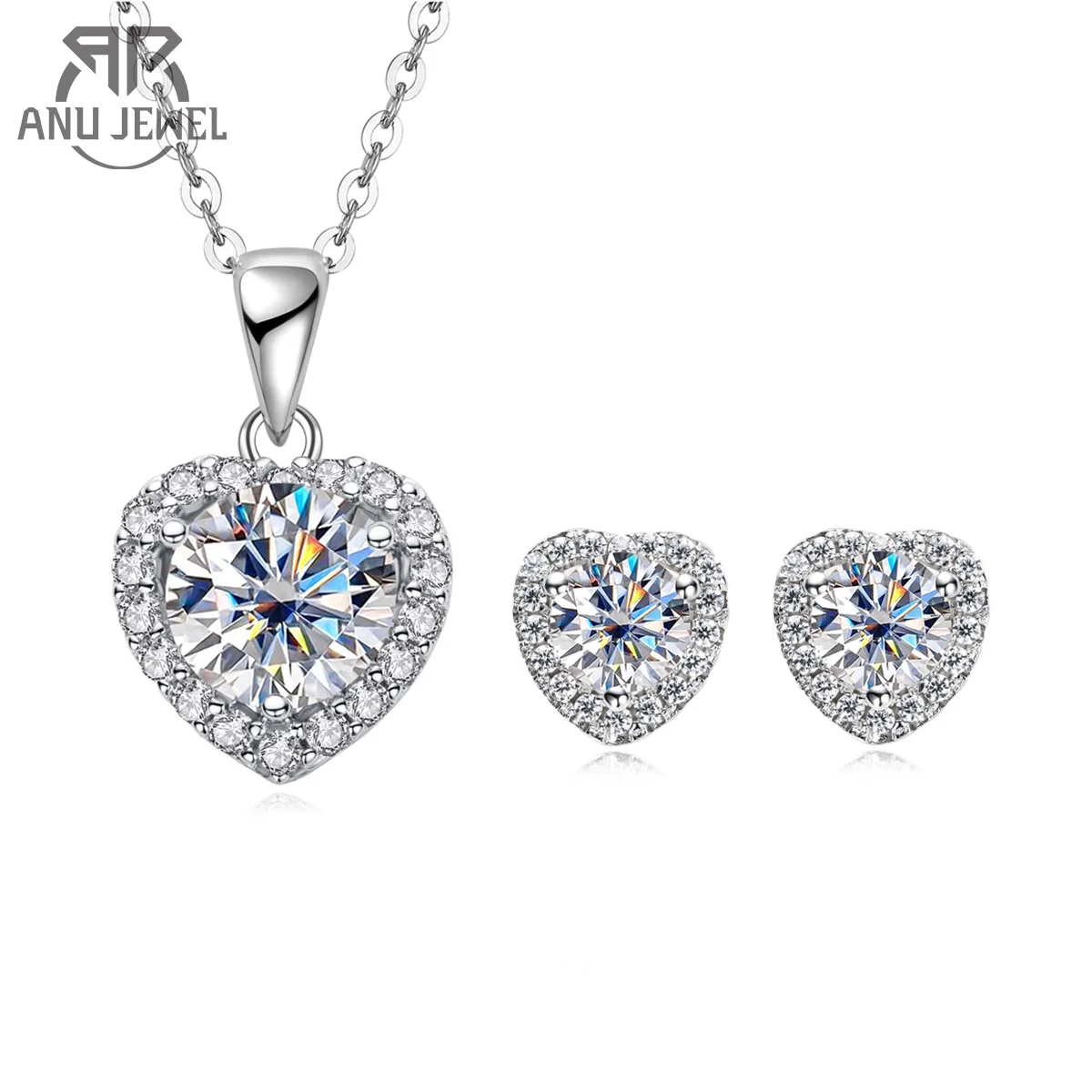 AnuJewel 1ct D Color Heart Moissanite Necklace Earrings 925 Sterling Silver Wedding Jewelry Set Valentine's Day Gifts For Girls