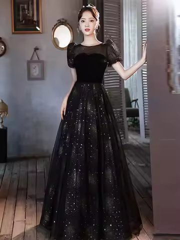 New black velvet shining lady girl prom evening party dress performance dancer singer dress
