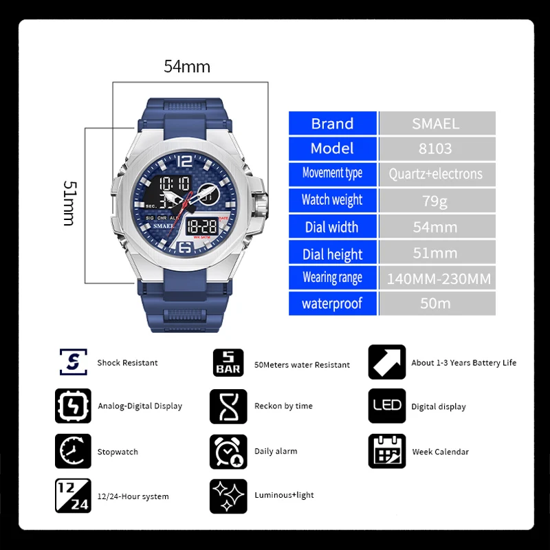 SMAEL Men\'s Quartz Watch Multi-Function Fashion Trend Outdoor Luminous Alarm Waterproof Digital Wristwatch for Sport Youth Clock