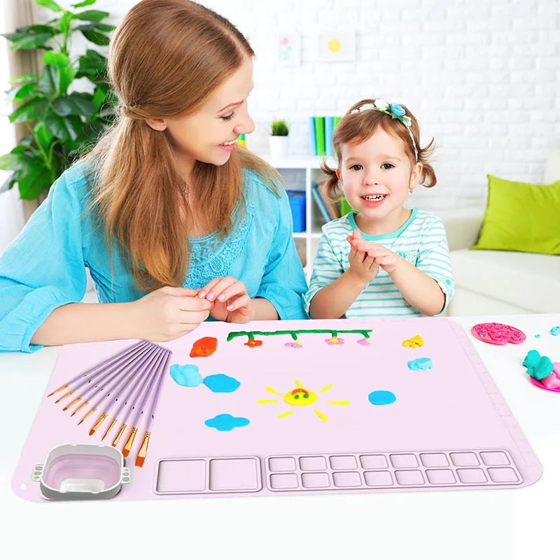 Silicone Painting Mat Set Children Drawing Board DIY Toy Multifunctional Graffiti Pad Washable Watercolor Palette Craft Kid Gift