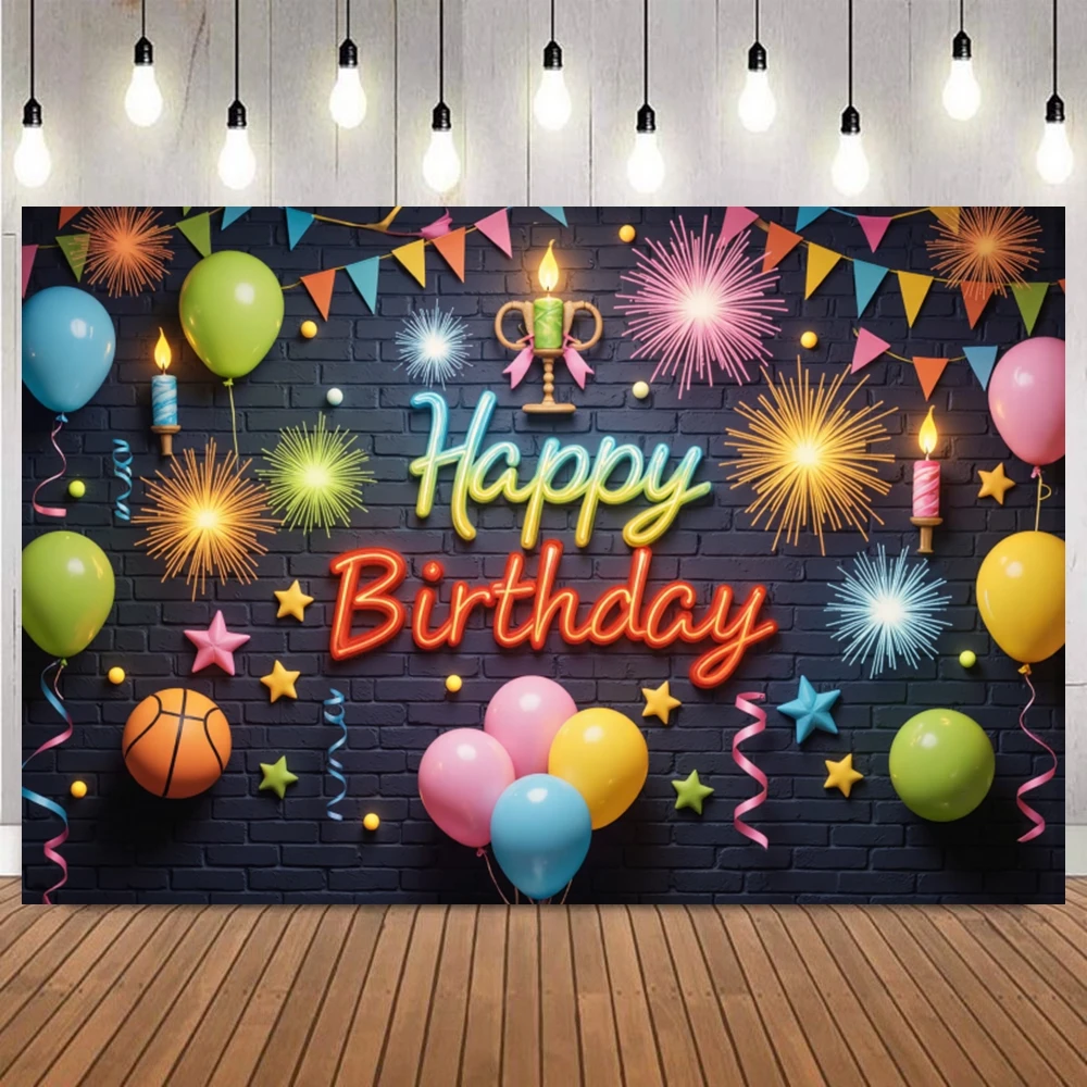 

Неоновый фон для фото с днем рождения с воздушными шарами фейерверка, лента для кекса, декор для вечеринки в честь дня рождения для взрослых и детей, фон для фотосъемки