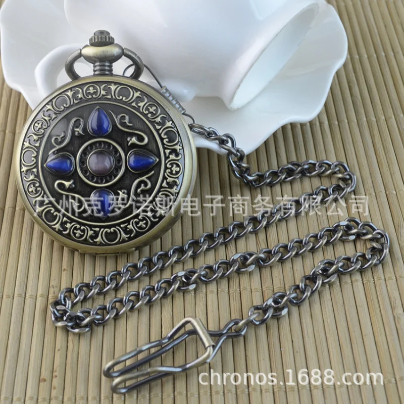 Foreign Trade Large Flip Mechanical Pocket Watch Roman Gem Hollow Semi-automatic Manual Mechanical Watch Pocket Watch