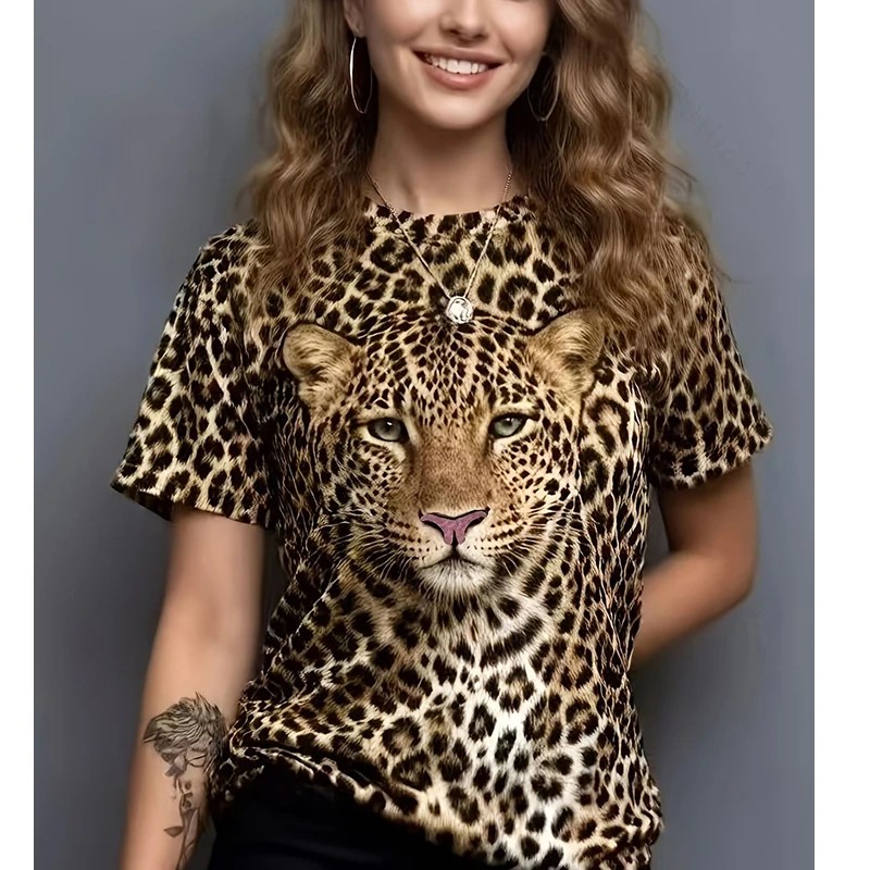 Summer Leopard T-Shirts 3D Print Fashion Women's Short Sleeve Round Neck T Shirt Harajuku Y2K Casual Tees Top Female Clothing