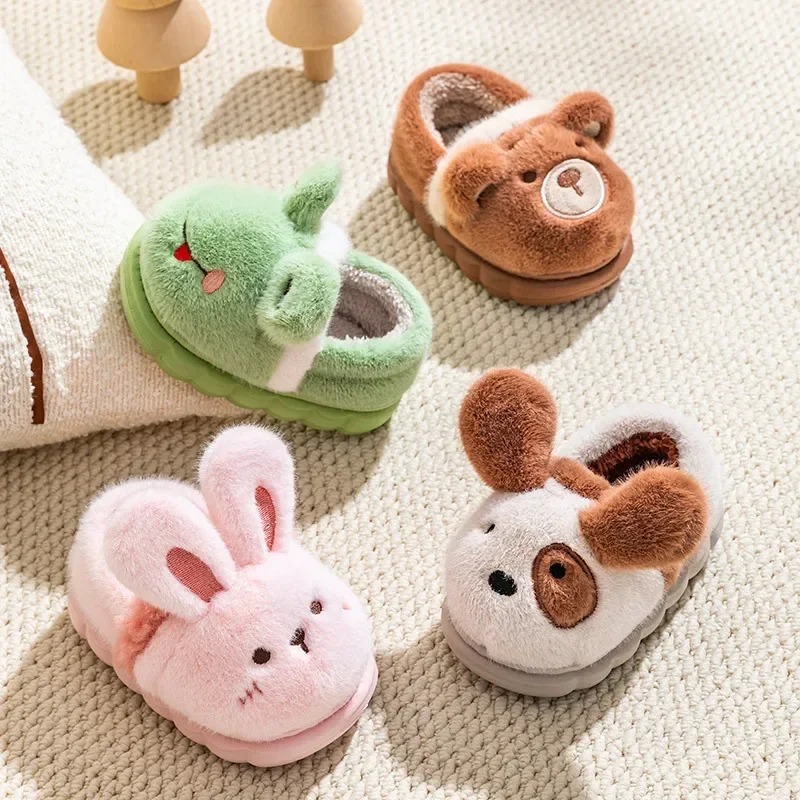 Autumn Winter Children Cotton Slippers For Girls Boys Cute Cartoon Baby Flip Flops Plus Velvet Warm Kids Anti-slip Home Shoes