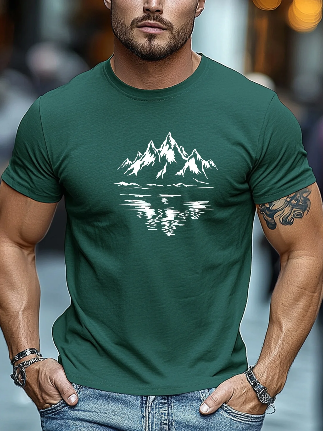 100% Cotton Men's Loose and Breathable Casual Snow Mountain Reflection Pattern Printed Round Neck Short Sleeved T-Shirt
