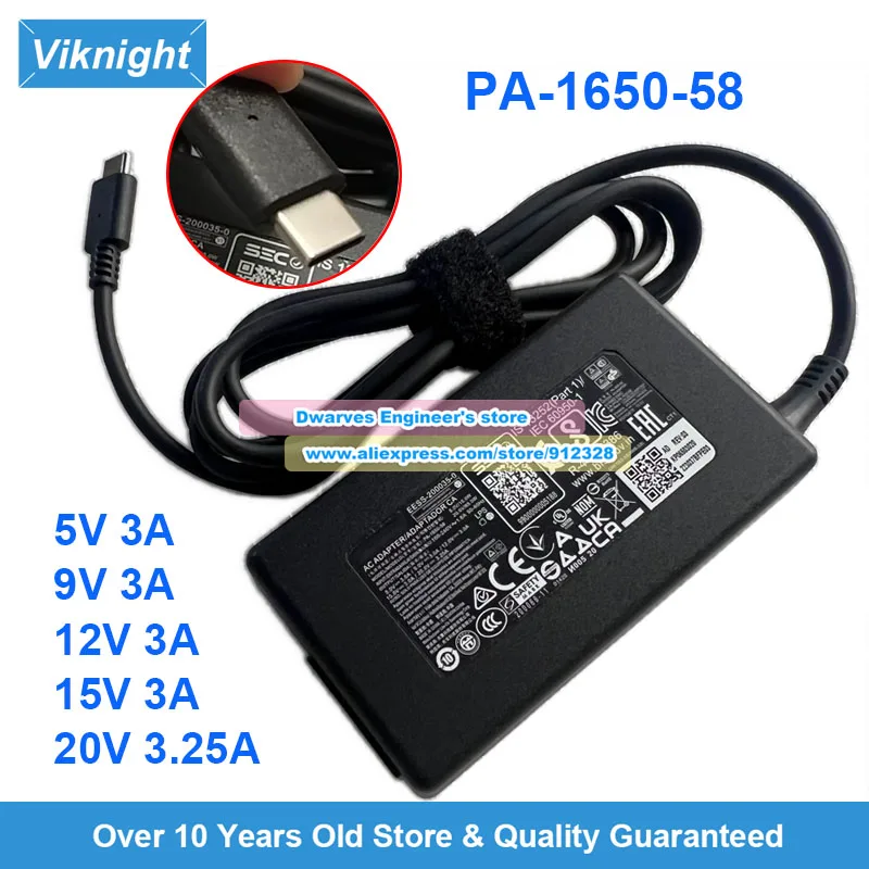 PA-1650-58 AC Adapter 20V 3.25A for ACER Chromebook 514 CB514-2HT CBV514-54 Swift 7 SF713 Summit E13 Flip Evo A11MT MS-13P2