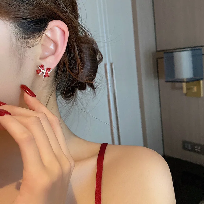 New Red Crystal Bow Stud Earrings for Women Zircon Bowknot Christmas Earring New Year Festival Party Jewelry Girls Gifts