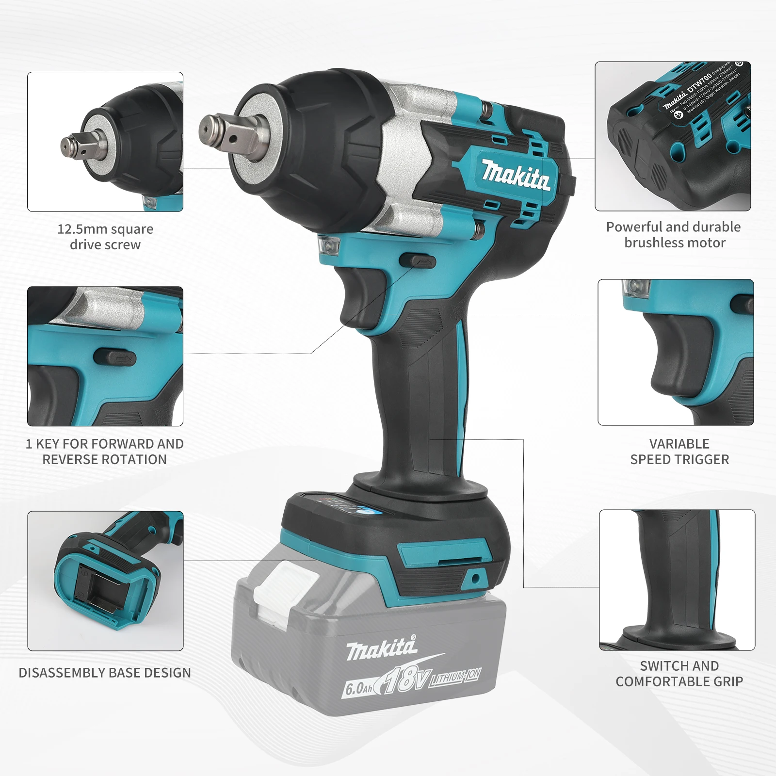 Makita DTW700 Variable Speed Impact Wrench Trigger-Controlled for Precision Torque Adjustment in Delicate and Heavy Tasks tools - view 2