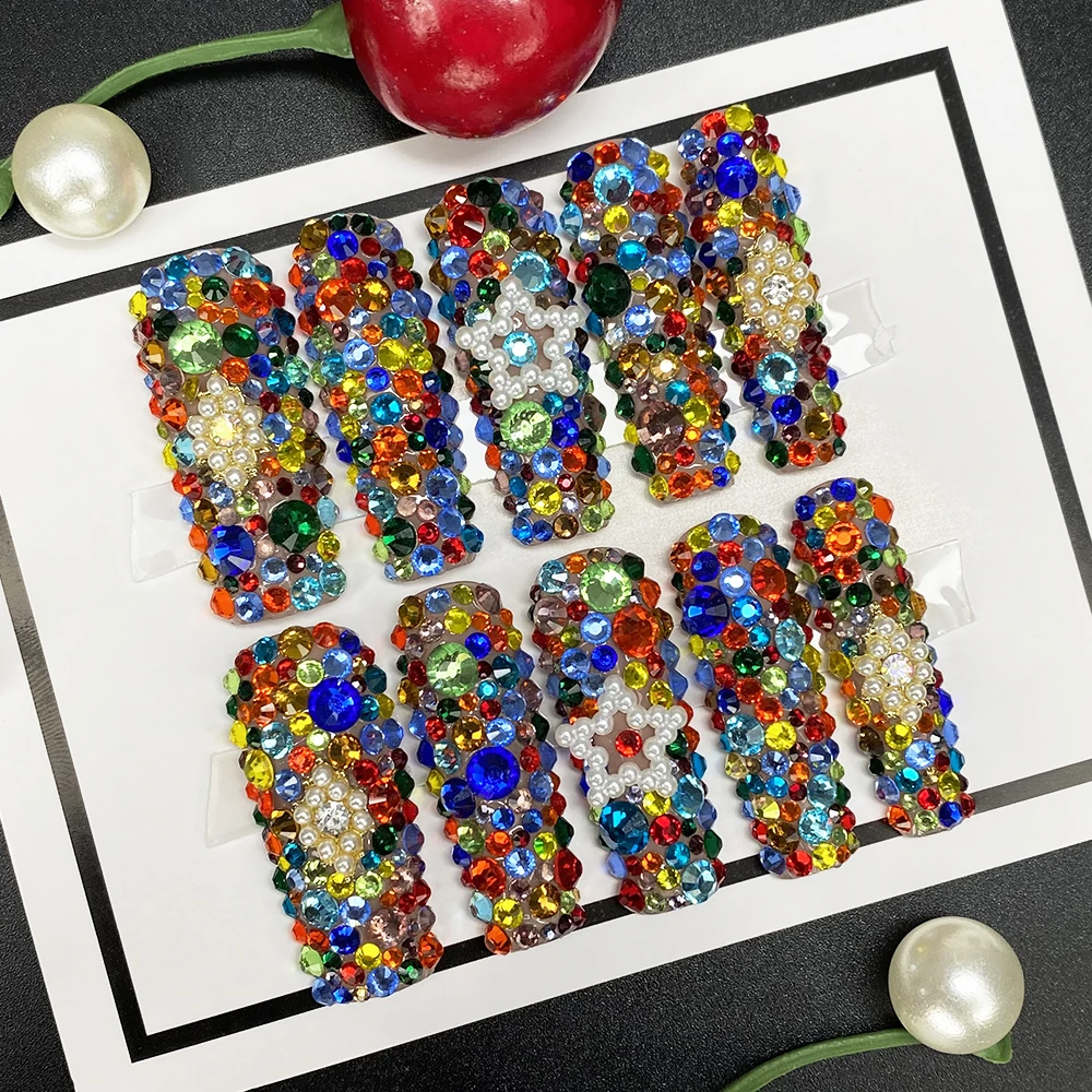 

10PCS Durable Acrylic Handmade Press on Nails Full Cover Rhinestone False Manual Fingernails Glossy Square Nails Manicure 10PCS