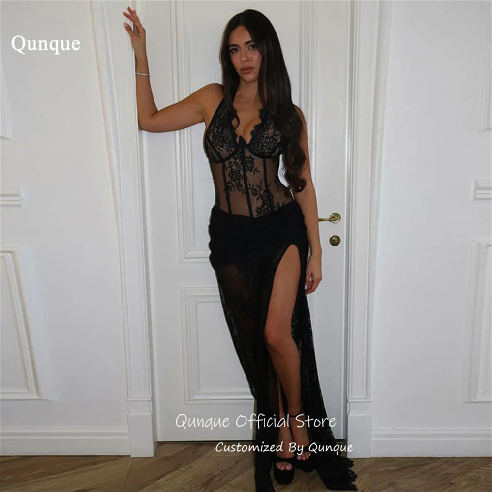 

Qunque Illusion Black Lace Evening Dress Halter Neckline Dress For Women Maxi Length Mermaid V Neck Vestidos De Gala Customized