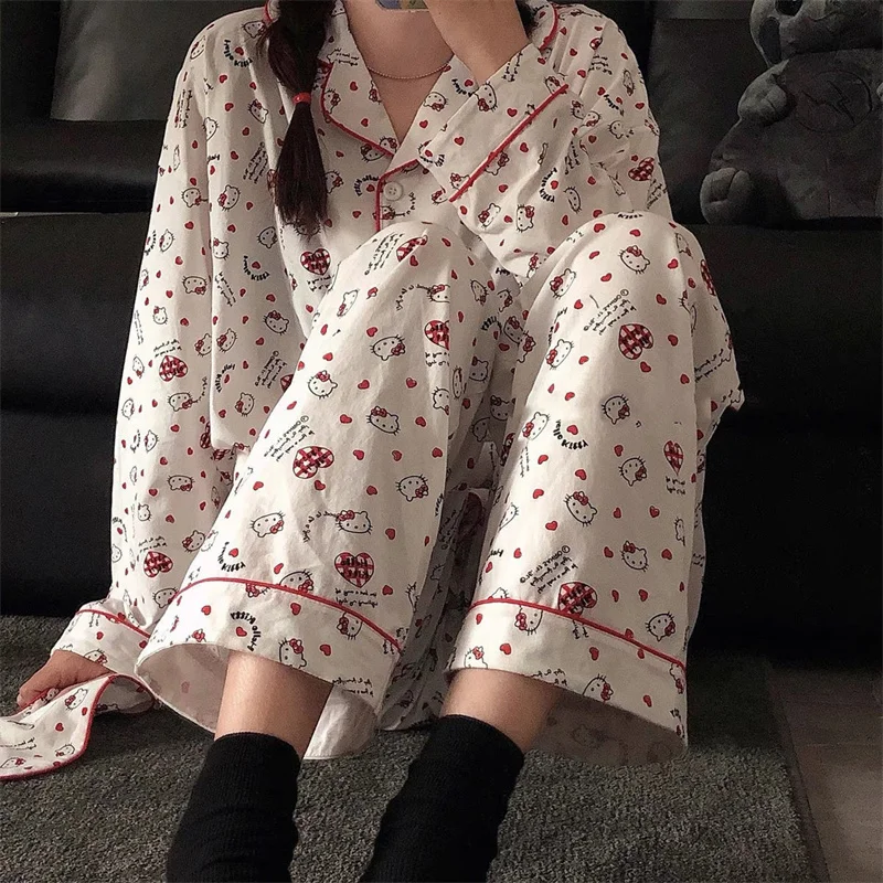 Hello Kitty Sanrio Pajamas for Women Spring and Autumn Long-sleeved Trousers Ins Style Cartoon Student Home Wear Set Gift