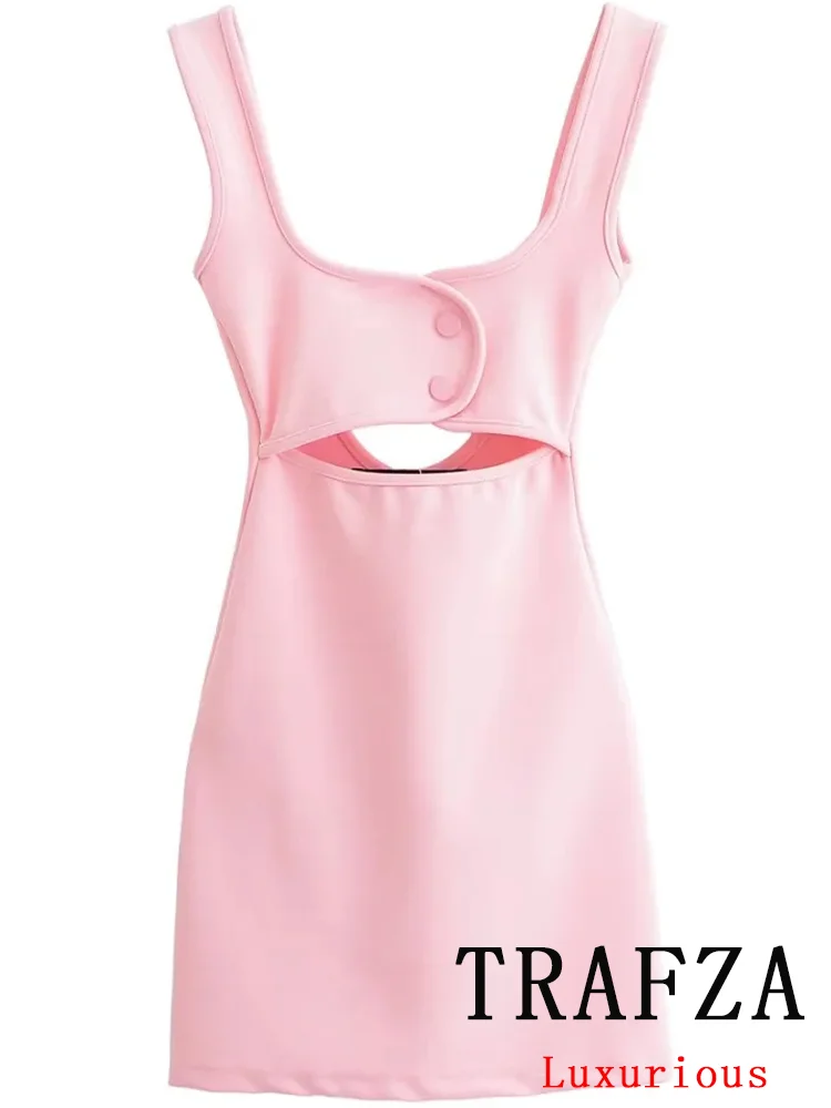 

TRAFZA Sexy Club Chic Women Dress Solid Cami Strap Hollow-out Short Vestidos New Fashion 2025 Spring Summer Party Female Dress