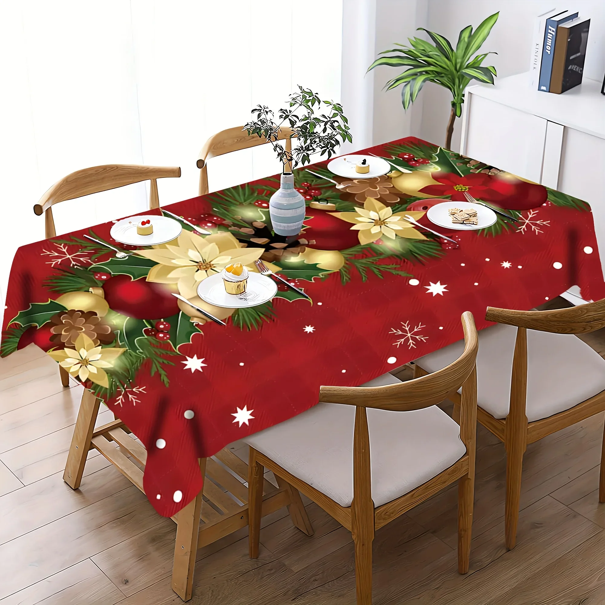 Polyester Christmas Holiday Theme Tablecloth, Machine Washable, Rectangular,, for Dining, Festive Party Celebration