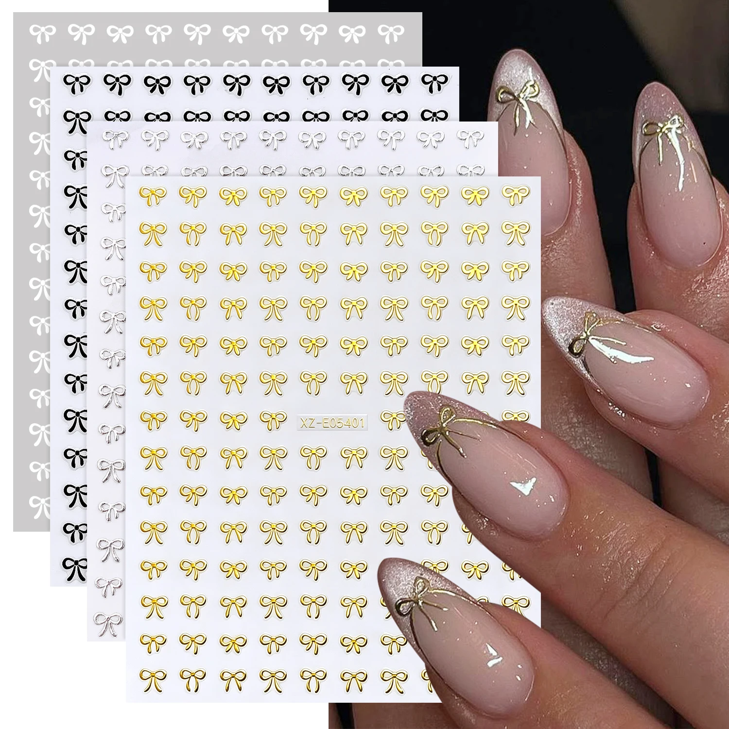 4Pcs Delicate Hollow Bow Nail Stickers Metallic Line Bowknot Adhesive Nails Decals Gold Silver Black White  Bows Manicure Decor