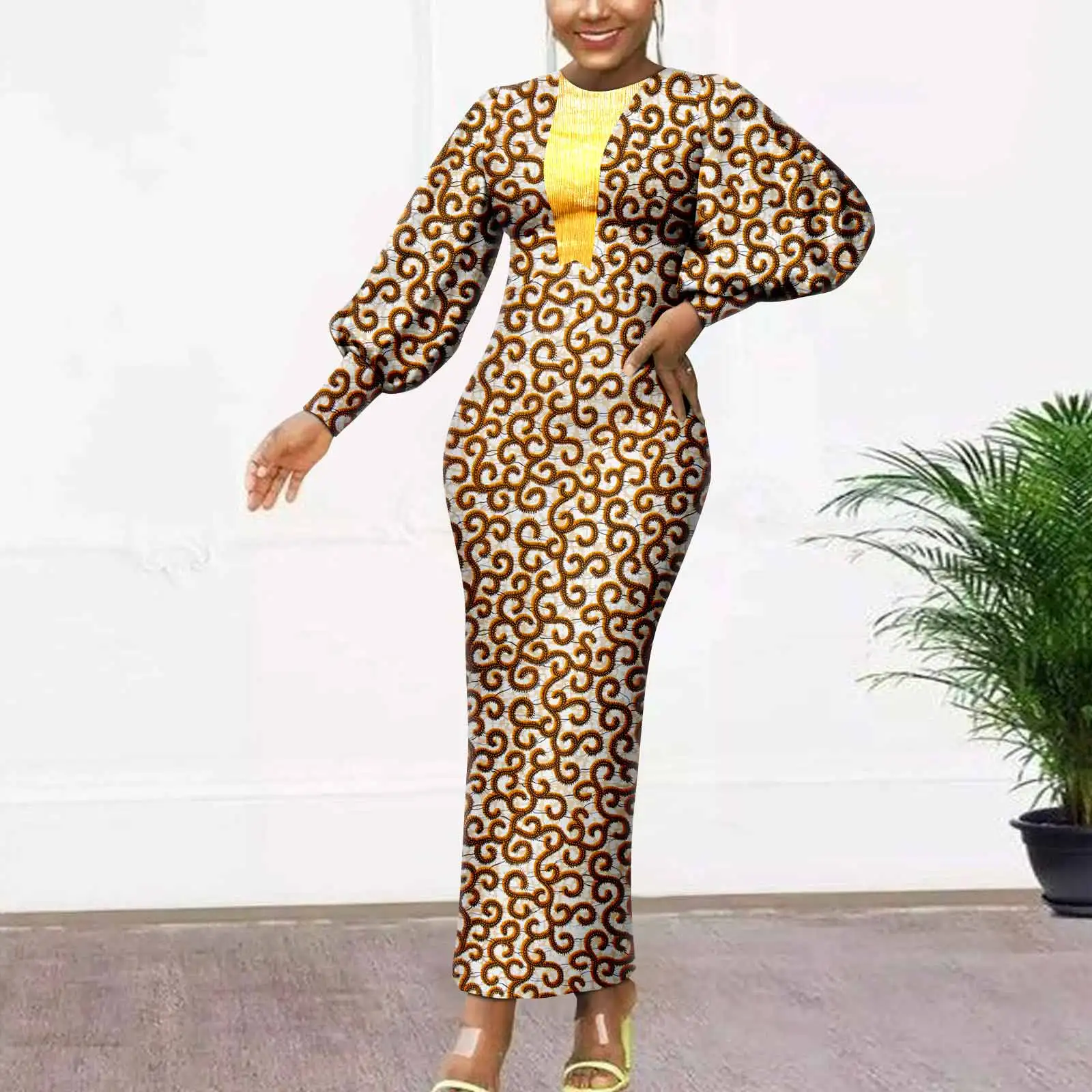 Afripride Africa Women's Ankara Dress Customized Ankle Dress V Gold Embellished Casual Cotton Dress A2325029