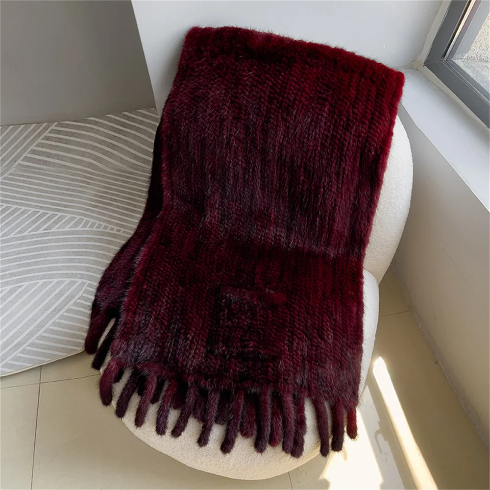 Women Winter Knitted Real Mink Fur Scarf Shawl Warm Lady Long Style 100% Genuine Fur Scarves Classic Tassels Natural Fur Scarf