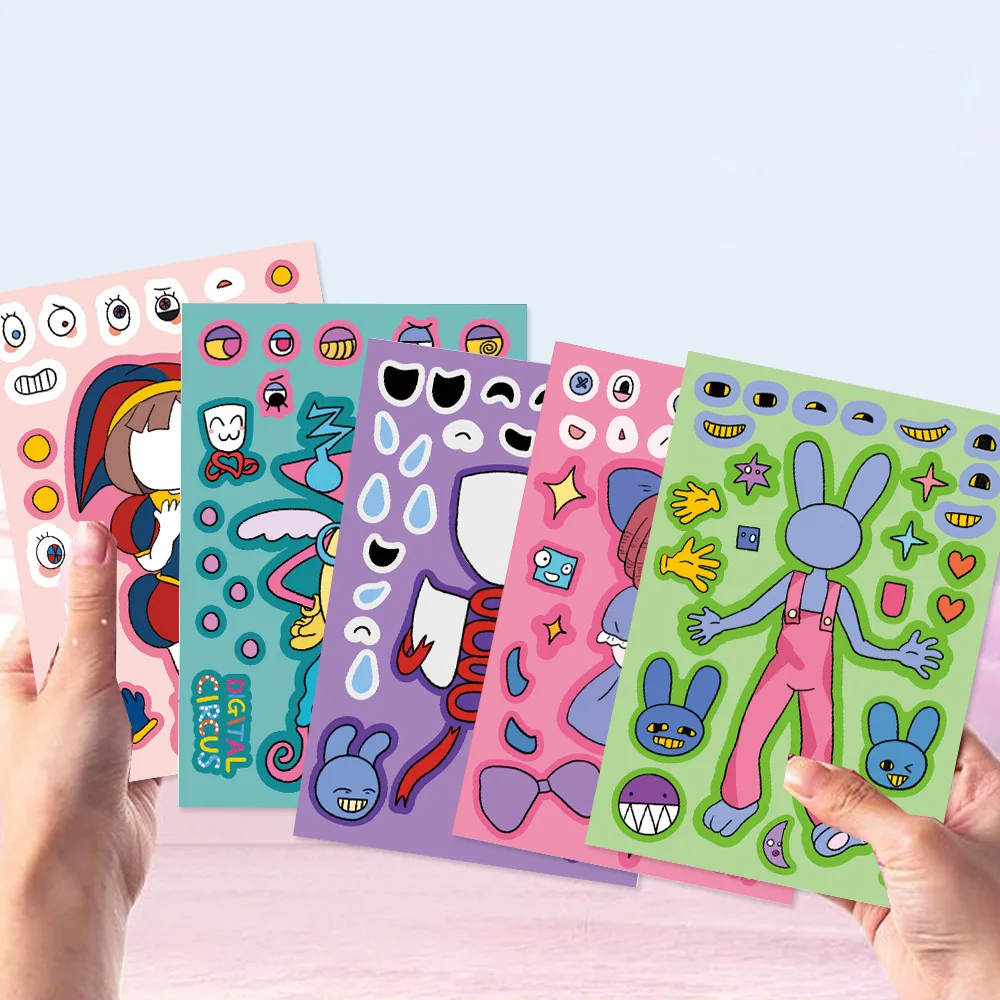 8pcs The Amazing Digital Circus Stickers Kawaii DIY Cartoon Sticker Cute Make A Face Puzzle Sticker Children Birthday Gifts Toys