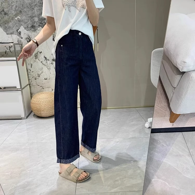 Old Money Print High Waist Cuffed Wide Leg Jeans Women Summer Cropped Curved Slimming Denim Pants